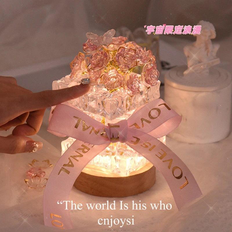 【甜星】七夕情人节手工diy礼物玫瑰花小夜灯立体透明礼物汽车用品