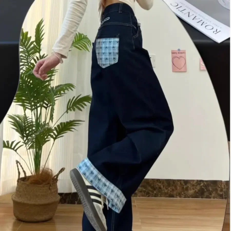 小个子高腰显瘦宽松阔腿女格子拼接蝴蝶结直筒春秋冬拖地牛仔裤