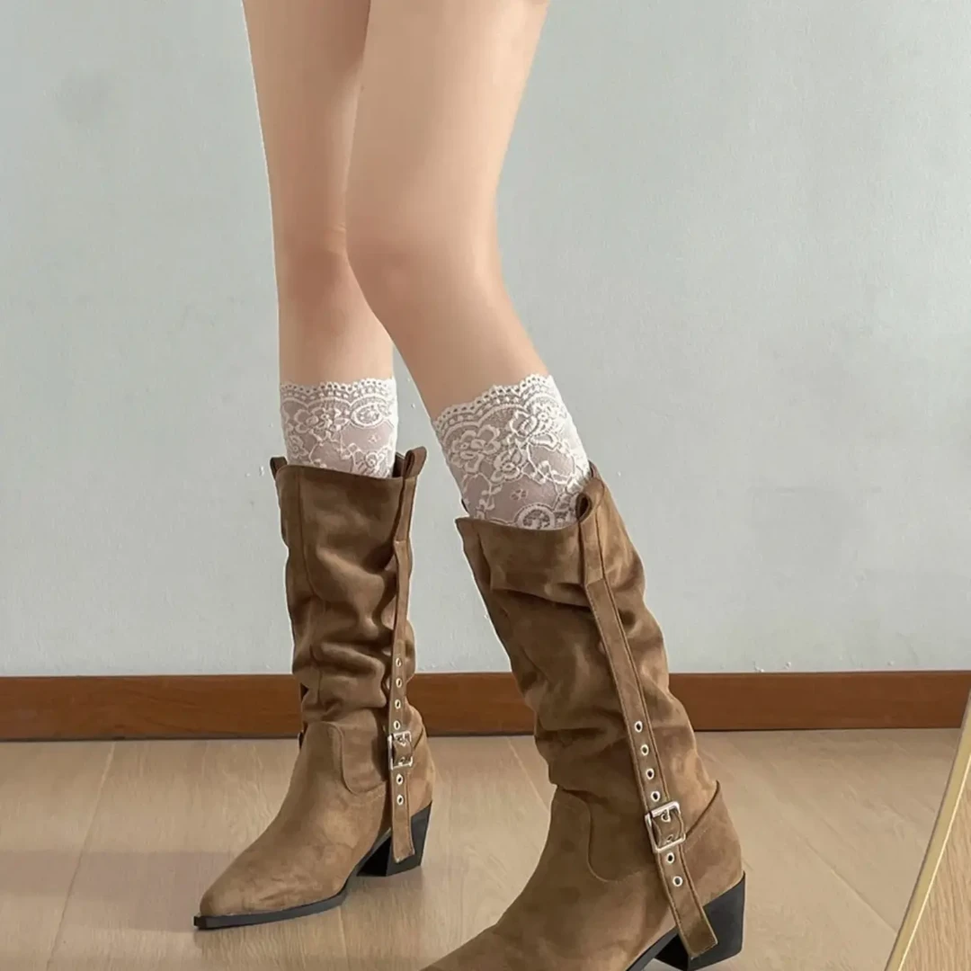 草原野性美！法式美拉德尖头粗跟西部牛仔靴女复古磨砂中筒堆堆靴