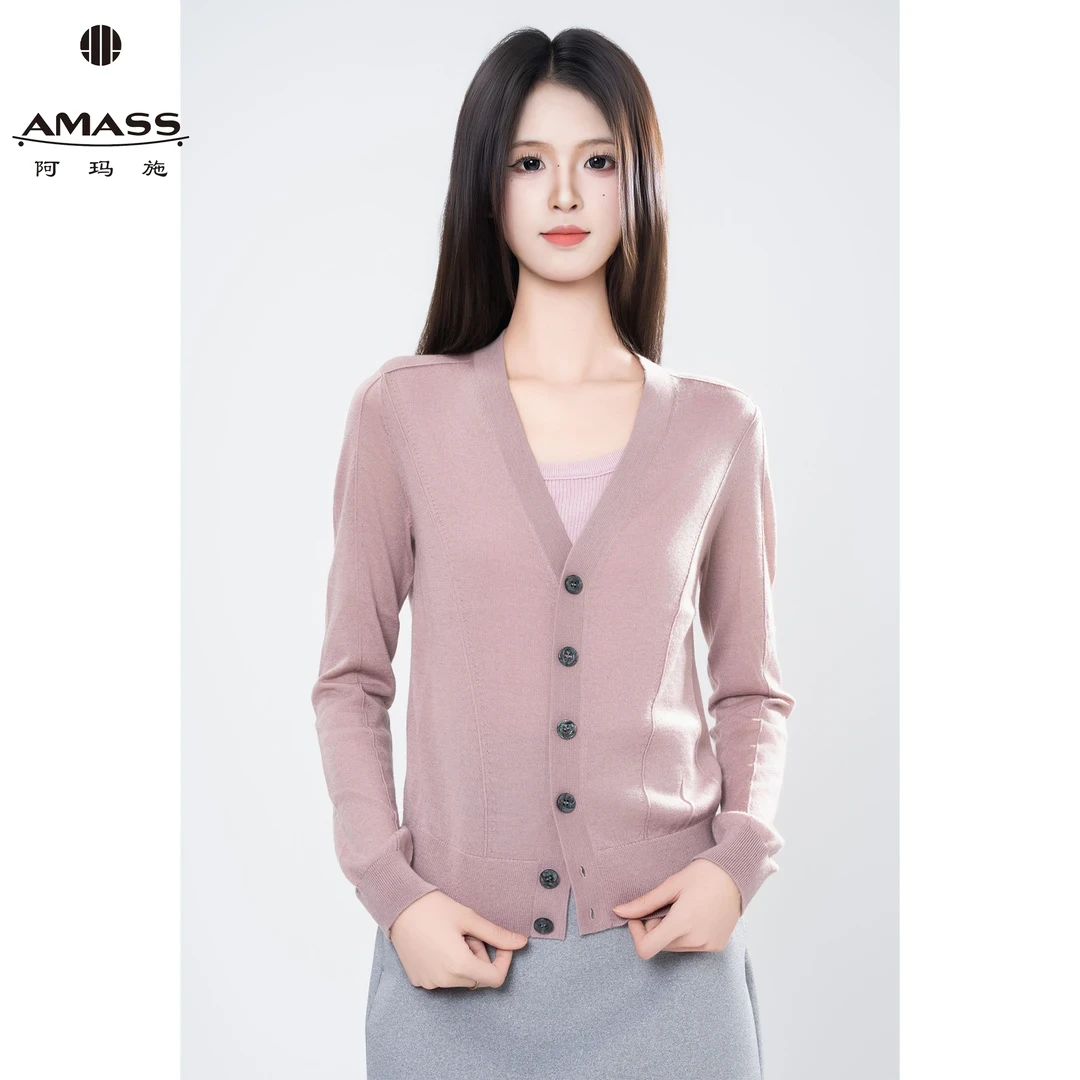 AMASS阿玛施新款知性洋气极简百搭高级感V领修身针织开衫女548039
