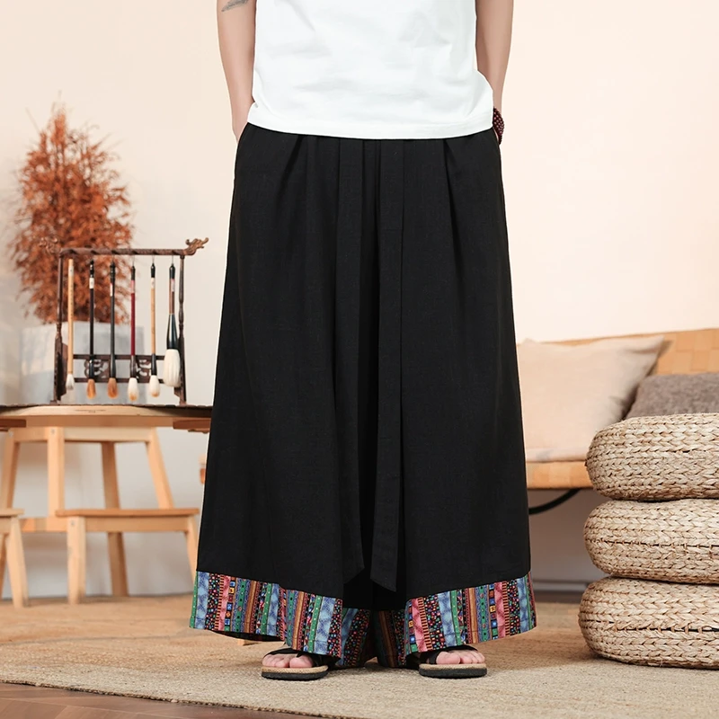 新中式男装演出服裤子春夏中国风藏式印花垂感阔腿裤宽松剑道裙裤