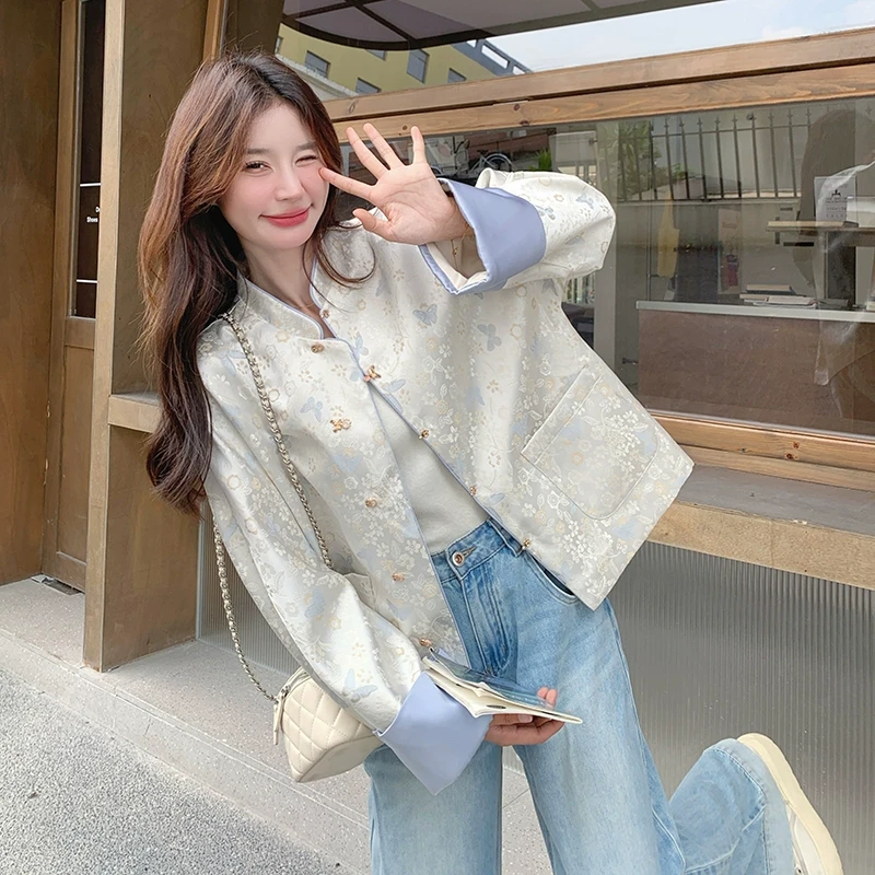 米色新中式国风印花拼接外套女2025春季新款时尚减龄休闲夹克