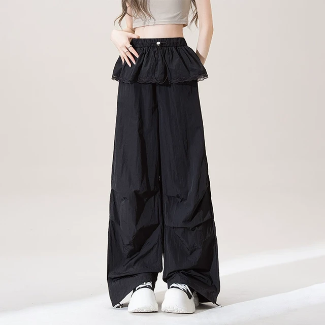 黑色假两件速干裙裤女夏季新款薄款蕾丝风阔腿休闲运动工装长裤子