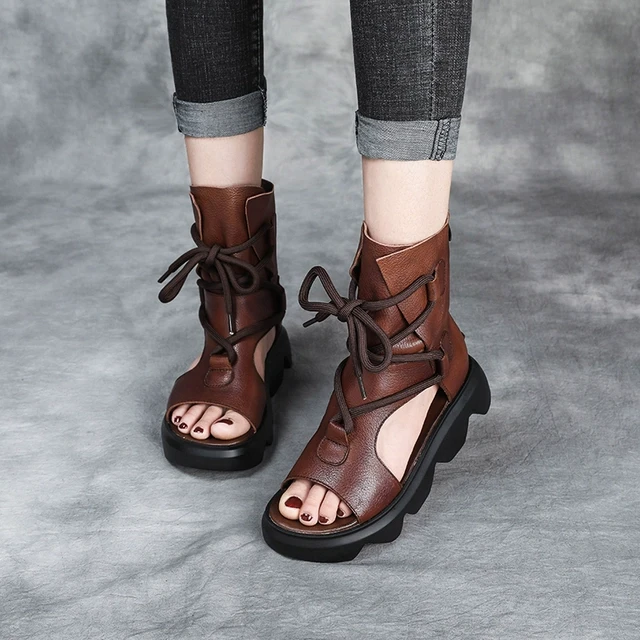 2024夏季新款凉真皮靴头欧美牛皮高帮女鞋层底手工复古平底厚凉鞋