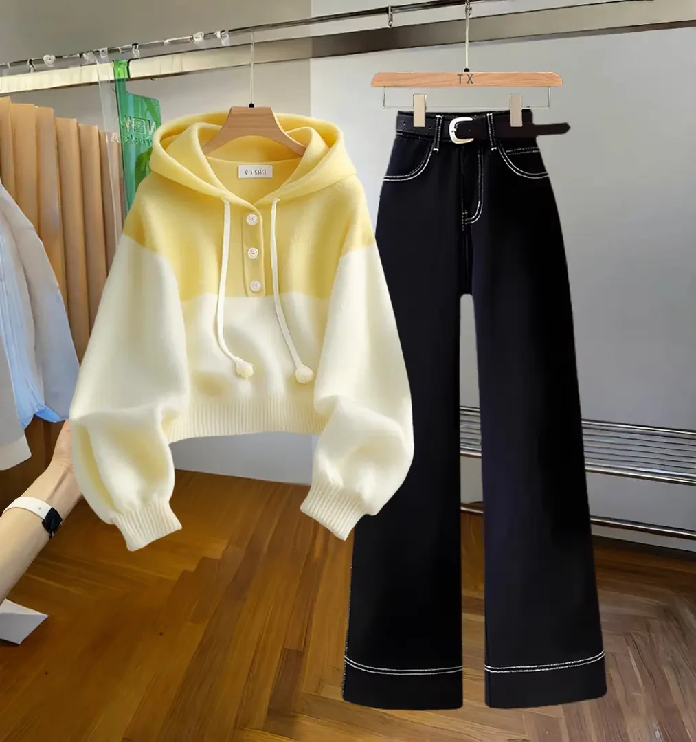 2025穿搭一整套通勤女装小个子减龄时尚连帽上衣高腰显瘦直筒裤子