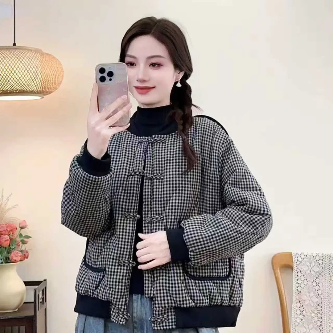 303新款加厚复古千鸟格保暖短款棒球领棉衣外套