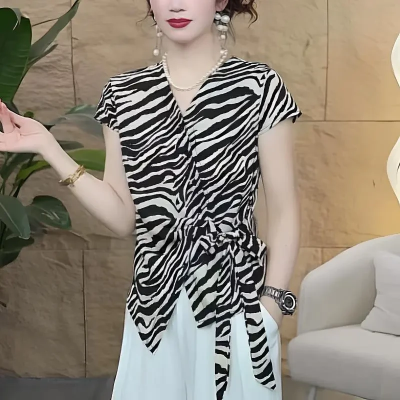 2025夏季新款时尚洋气休闲水波纹印花系带短袖T恤显瘦百搭女上衣