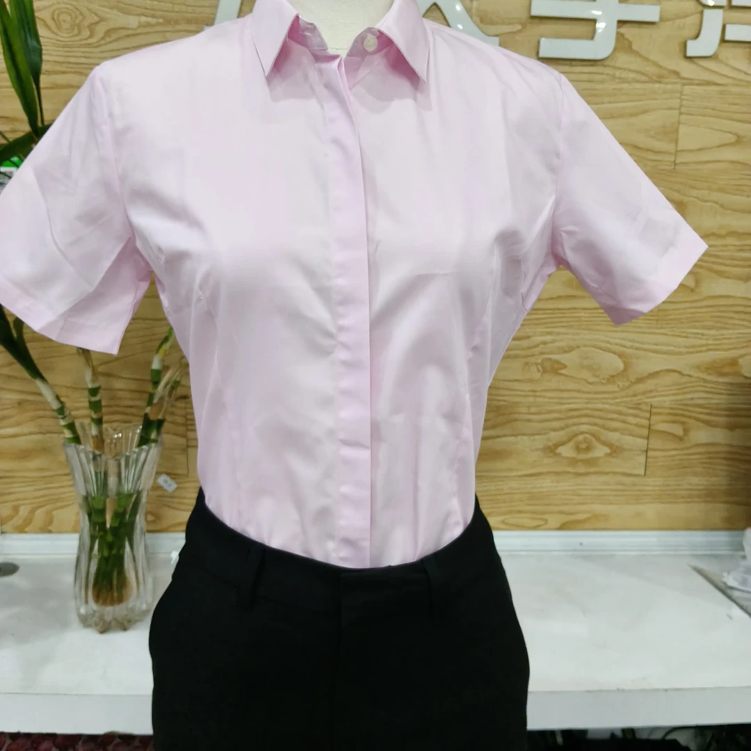 女士粉色短袖方领衬衫职业装商务正装工作服