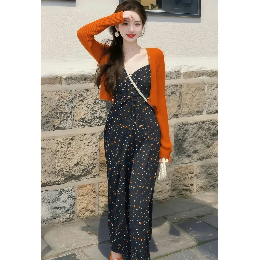 4224春装搭配一整套法式气质连衣裙穿搭开衫吊带裙小个子两件套装