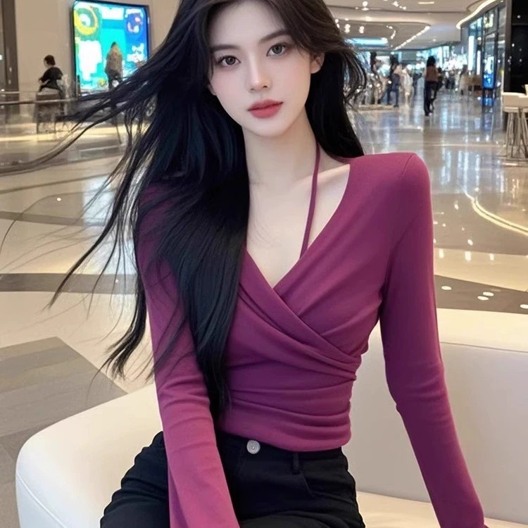 收腰小众V领百搭辣妹风拼接上衣女春秋紧身纯欲不规则交叉挂脖T恤