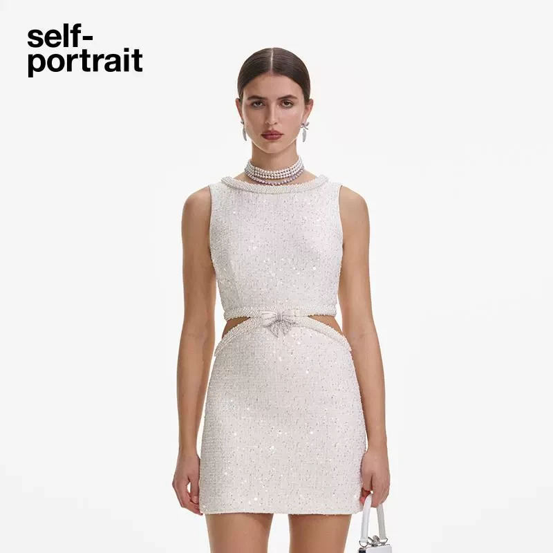 【何超莲同款】self-portrait 2025春夏纯净白气质粗花呢无袖连衣裙