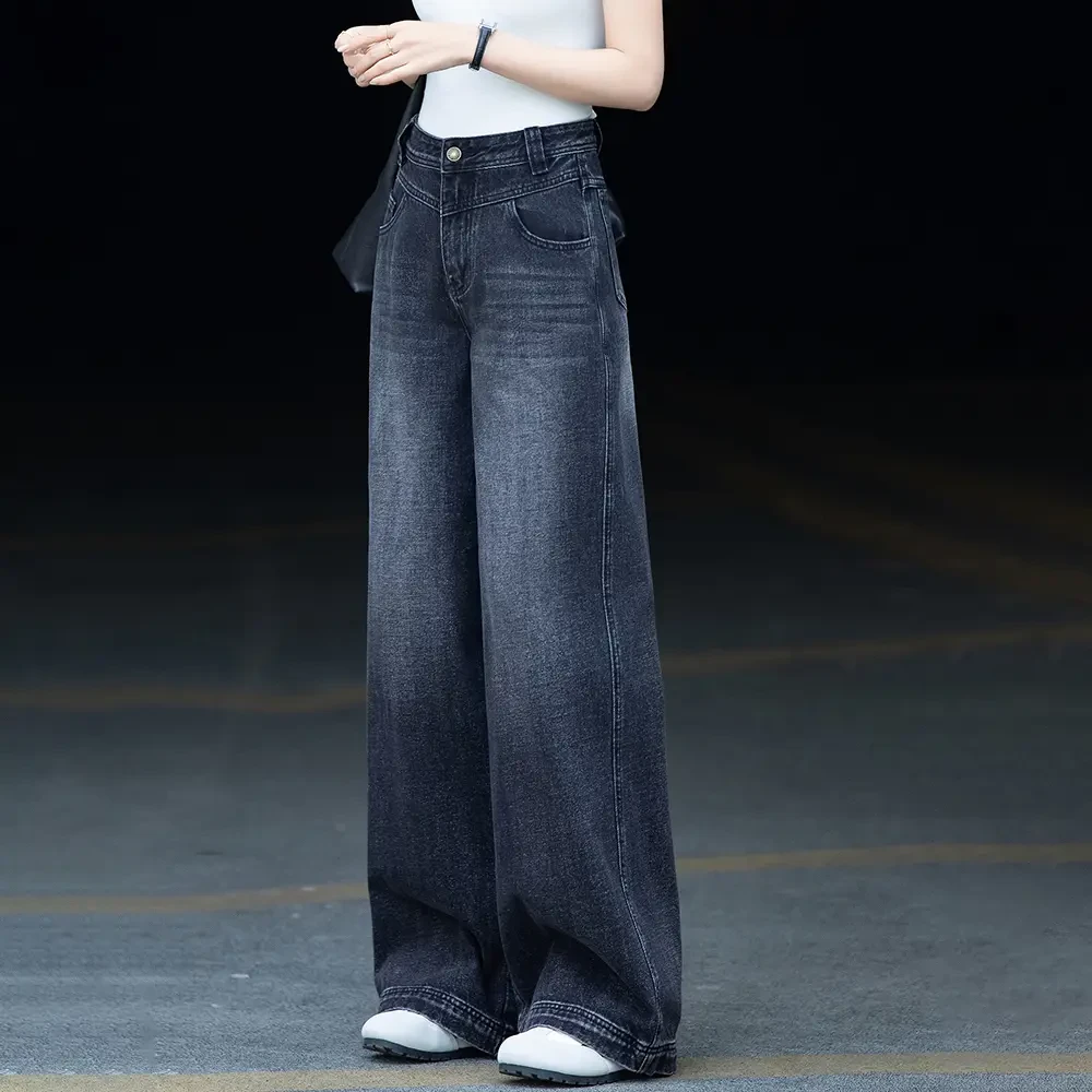 秋冬新款美式复古磨白直筒牛仔裤高腰宽松休闲显瘦时尚百搭阔腿裤