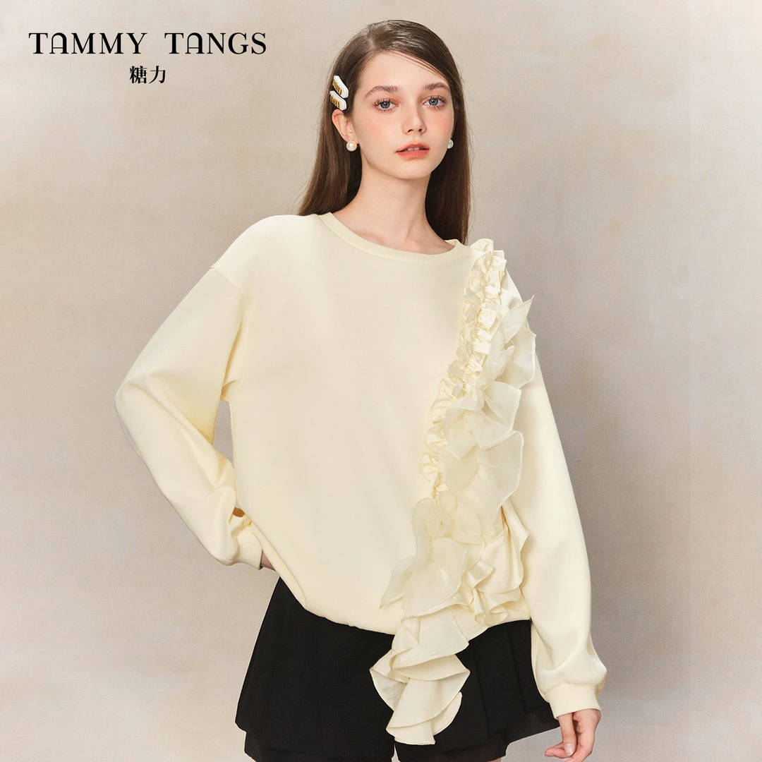 【若谷专属】糖力圆领宽松H型荷叶边拼接卫衣TWTCS65011