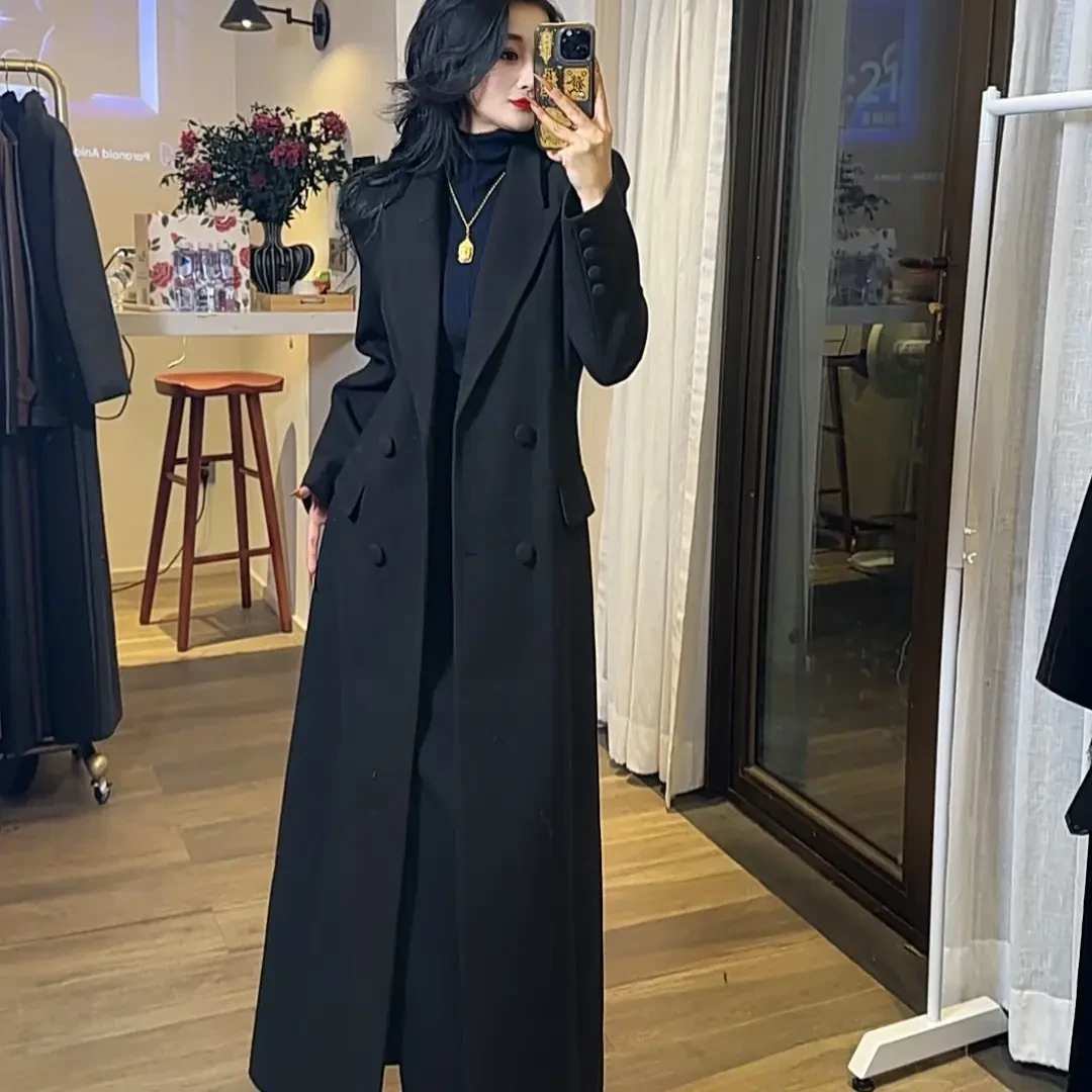 【师小姐二店】冬季新款女士黑色高级感正肩显瘦超长款收腰大衣6928