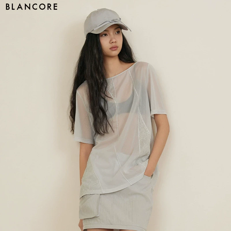 【设计师品牌BLANCORE】2025夏新款设计感网纱半透蕾丝淡人T恤