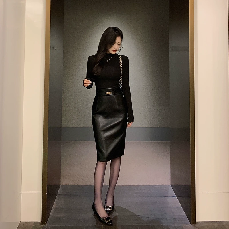 林关关黑色皮裙半身裙女冬季高级感包臀裙高腰直筒裙子半裙Y72274