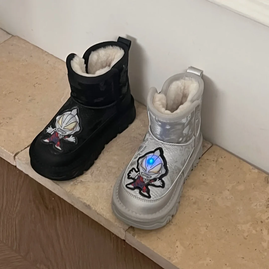 【亮灯皮面】桑坡冬季新款皮毛一体男宝软底时尚百搭低筒雪地靴