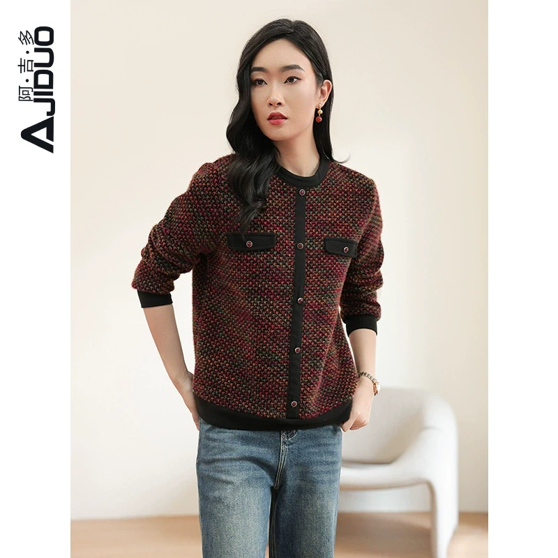 阿吉多小香风圆领高端品牌t恤女2024新款秋冬高级气质妈妈装上衣