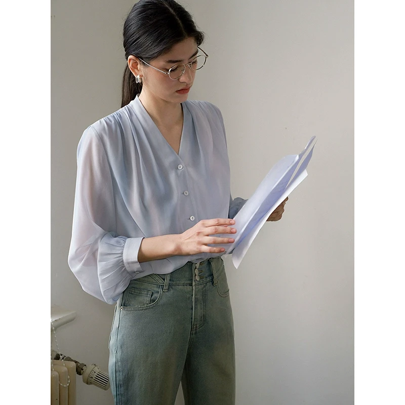 popchrio◆普罗旺斯 法式别致晕染V领雪纺衬衫小众衬衣长袖上衣女