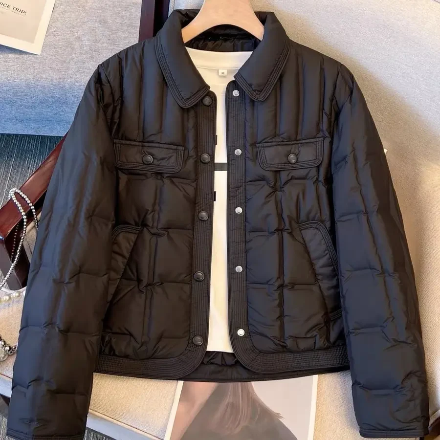 麦寻2025冬季新款短款连帽黑色轻薄保暖羽绒服女外套