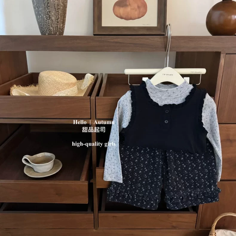 【秋上新】森系氛围！女宝韩系碎花马甲叠穿碎花牛仔裤时髦套装