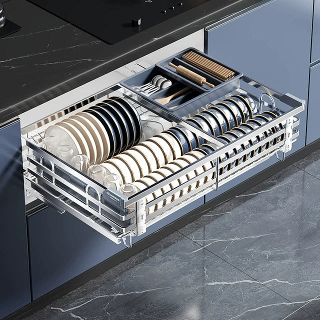 四季沐歌拉篮厨房橱柜304不锈钢单层抽屉式碗柜碗碟收纳碟架碗篮