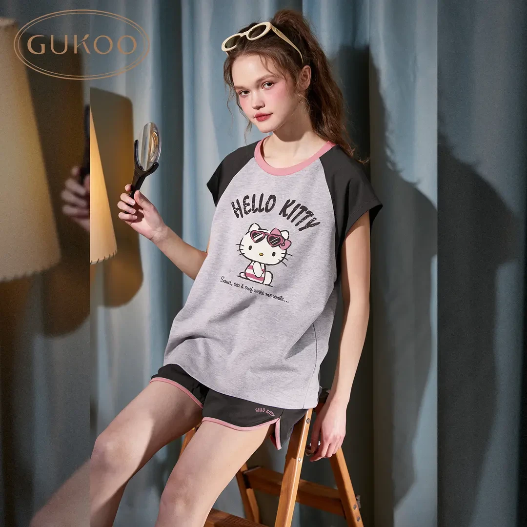 Gukoo/果壳hellokitty联名夏季灰粉插肩袖睡衣纯棉短袖短裤家居女