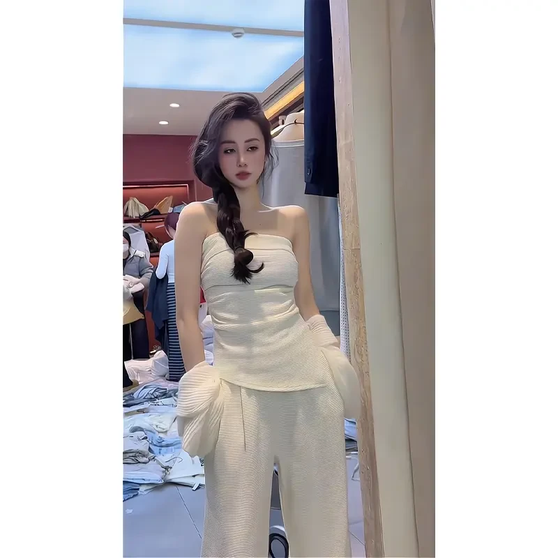 春装新款抹胸裹胸内搭针织外披外套长阔腿裤女洋气休闲裤