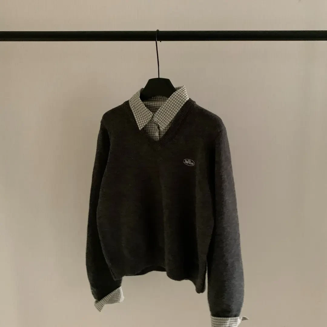 【dd】自留刺绣衬衫领拼接针织毛针织衫翻领学院打底百搭