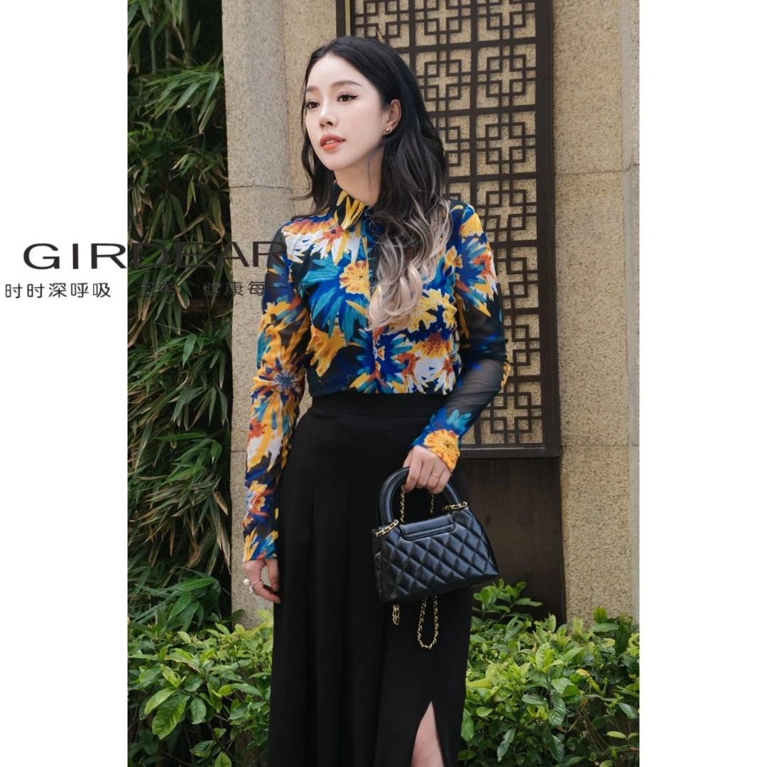 GIRDEAR/哥弟新品显瘦洋气时尚气质印花百搭复古欧沙衬衫1300782