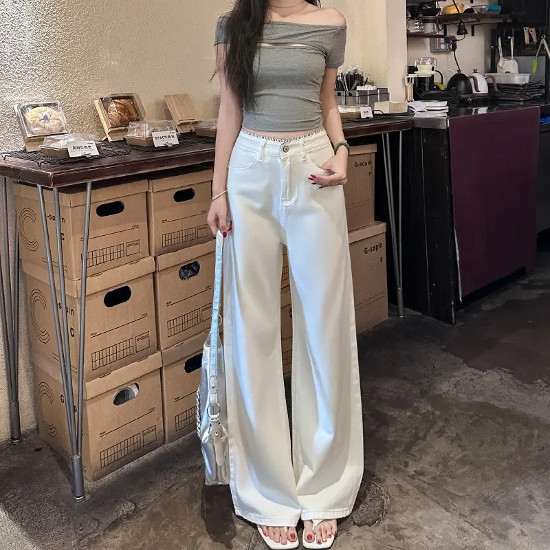 米白色高腰阔腿牛仔裤女2025年夏季薄款宽松显瘦显高小个子直筒裤