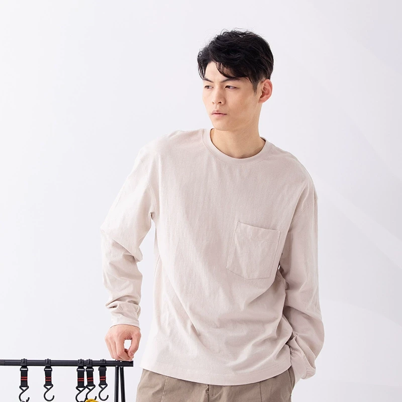 中和休闲长袖T恤男春秋新款重磅全棉纯色打底上衣日系简约T恤衫潮