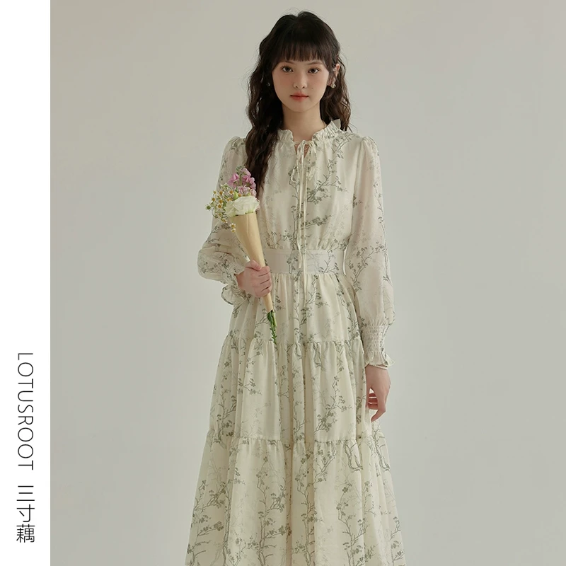 【三寸藕】秋季2024年新款法式碎花雪纺连衣裙女装收腰长袖长362