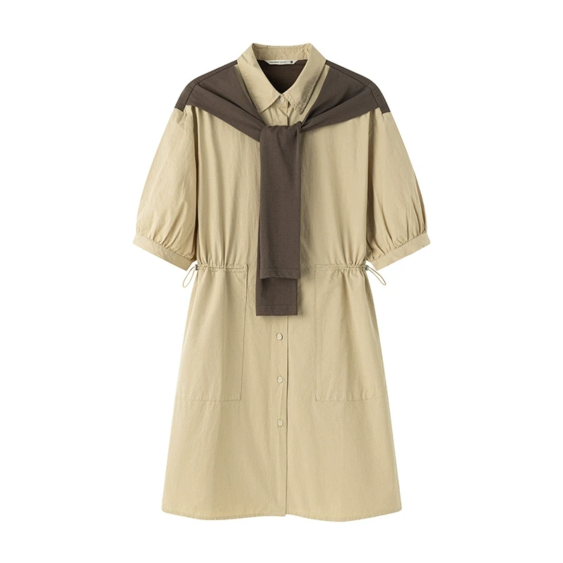 中和休闲披肩短袖衬衫裙女2024夏季翻领收腰显瘦连衣裙E62377121