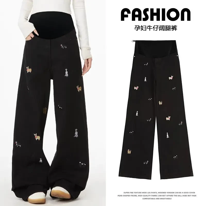 【耶耶专属】孕妇裤子春款小狗刺绣牛仔裤复古水洗做旧显瘦阔腿长裤