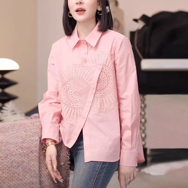 2025新款春秋设计感重工钩花蕾丝拼接衬衫不规则下摆粉色衬衣上衣