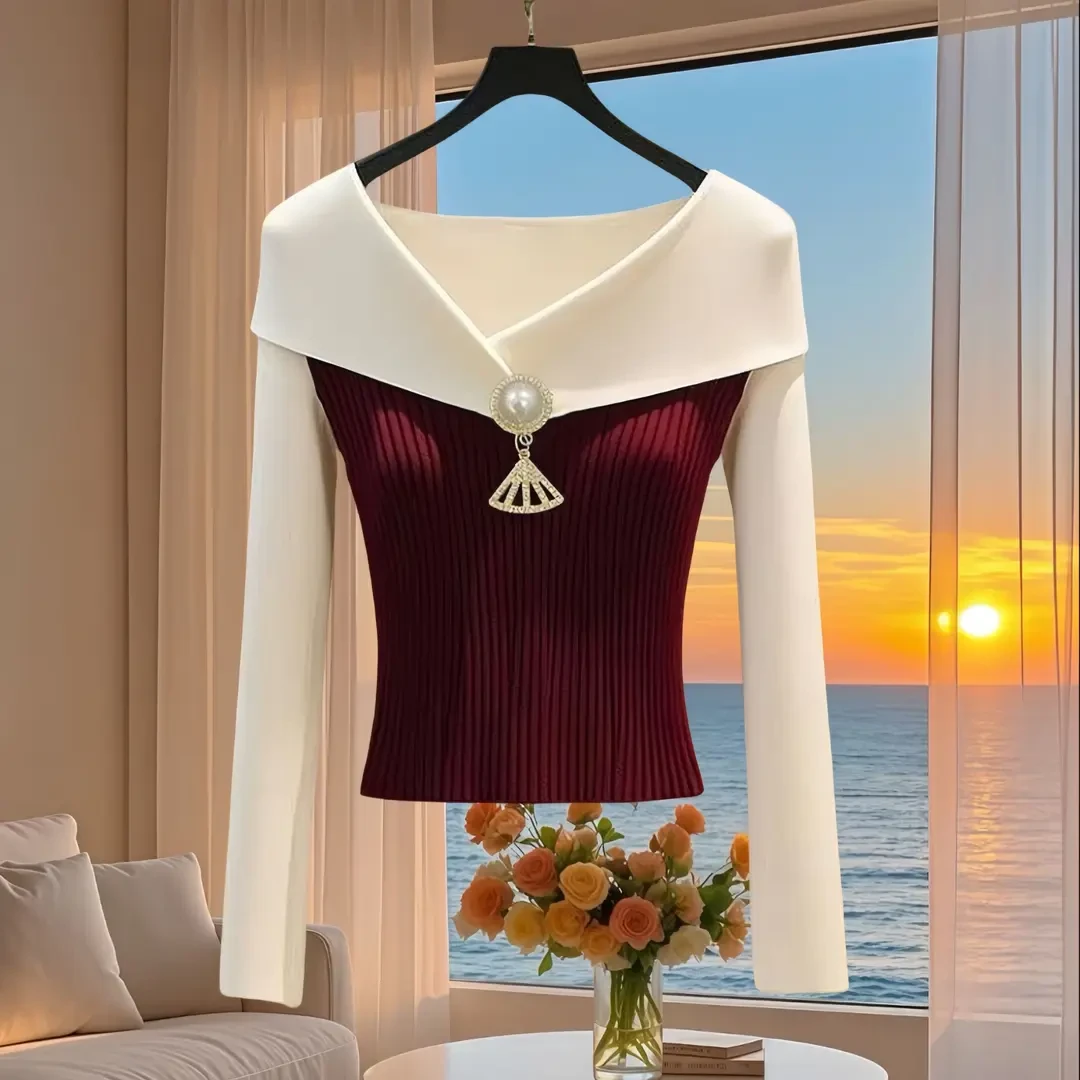 新款秋冬气质优雅高级感德绒螺纹长袖上衣修身百搭设计感小香风