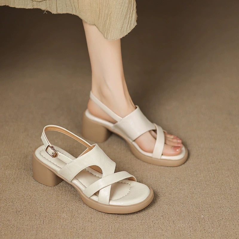 诗宝斐尔软羊皮厚底粗跟露趾凉鞋女夏复古踩屎感交叉带高跟罗马鞋