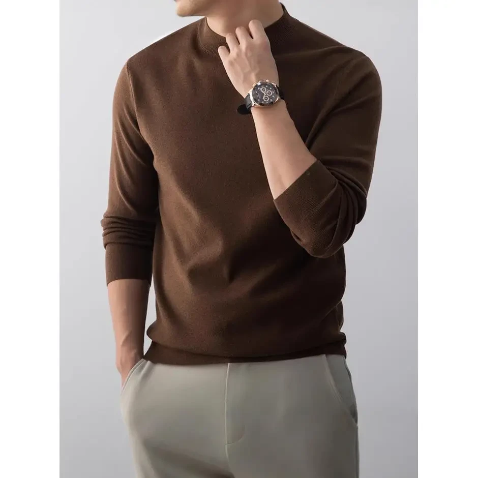 秋冬季含羊毛男士针织衫半高领老钱风长袖打底衫高端时尚男毛衣