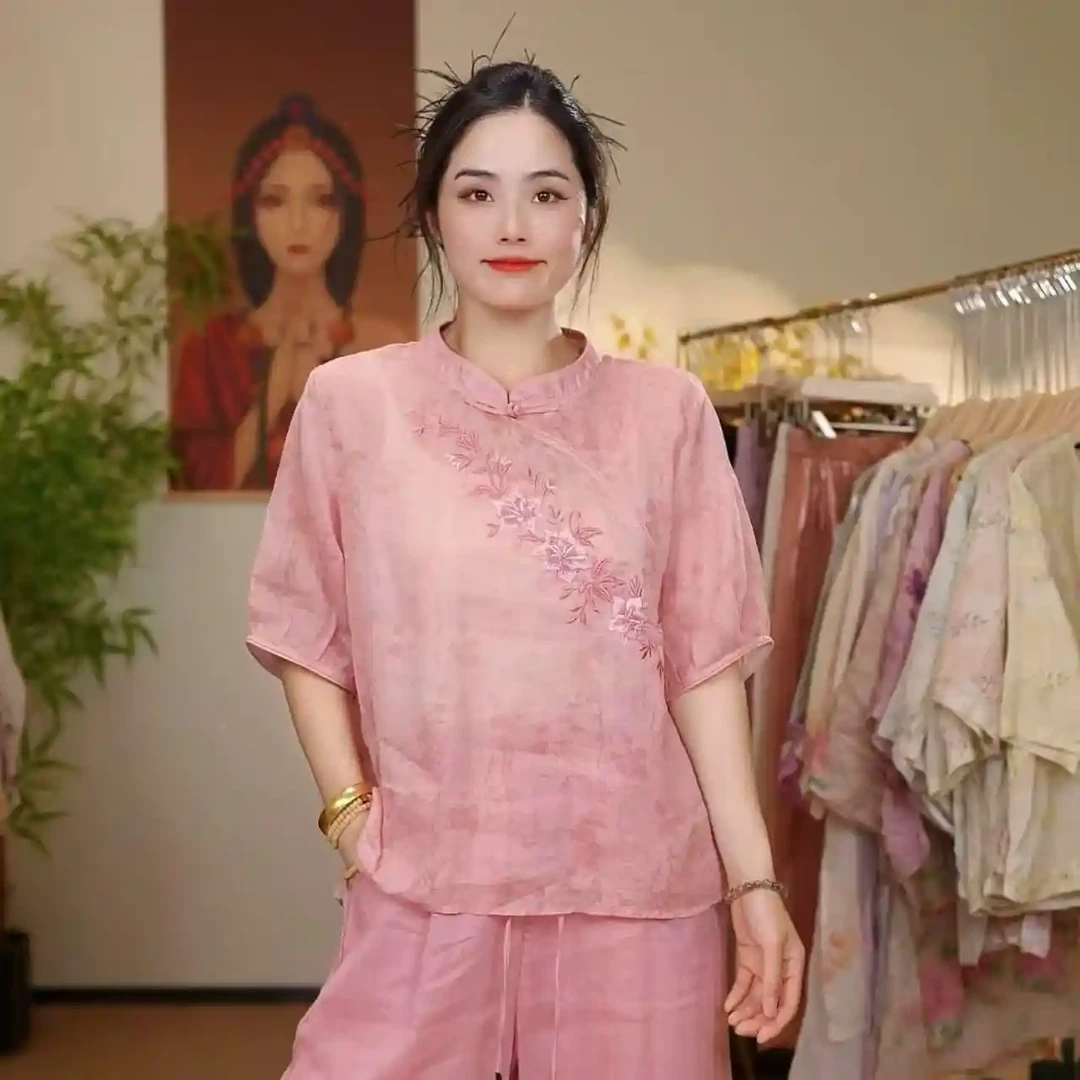 【青宁】夏季新款斜门襟圆领国风气质衬衫87152