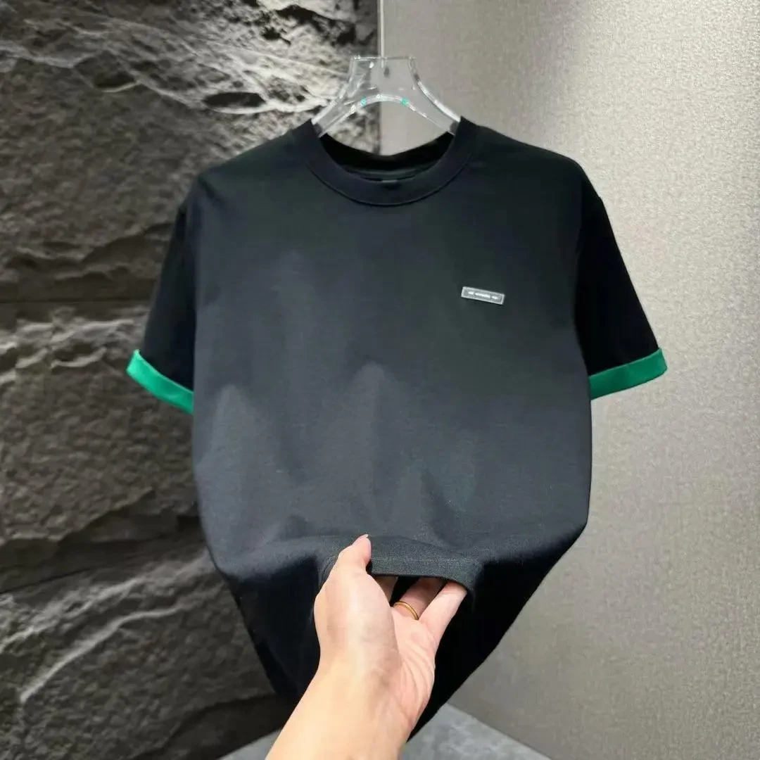 2025夏季新款男士短袖t恤撞色卷袖男士日系运动棉T恤百搭短袖男