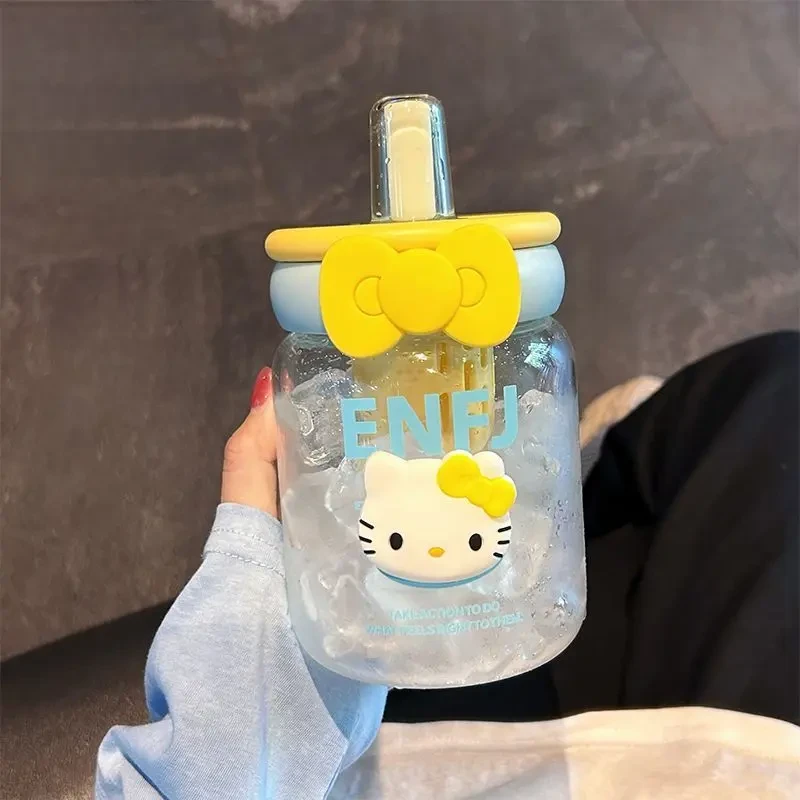 Kitty可爱玻璃杯带吸管女生高颜值桌面茶水分离泡果茶杯子耐高温