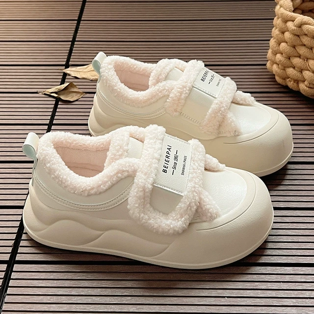 2025冬季新款爆款羊羔绒魔术贴小白鞋女百搭厚底保暖棉鞋休闲板鞋