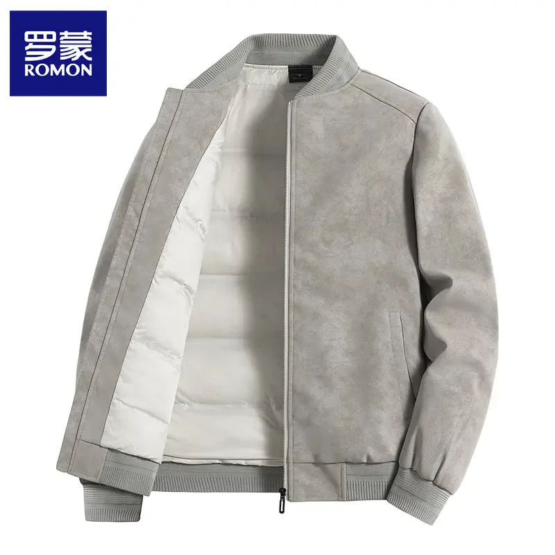罗蒙加厚潮流短款男士羽绒服纯色男装收口袖保暖棒球领休闲外套