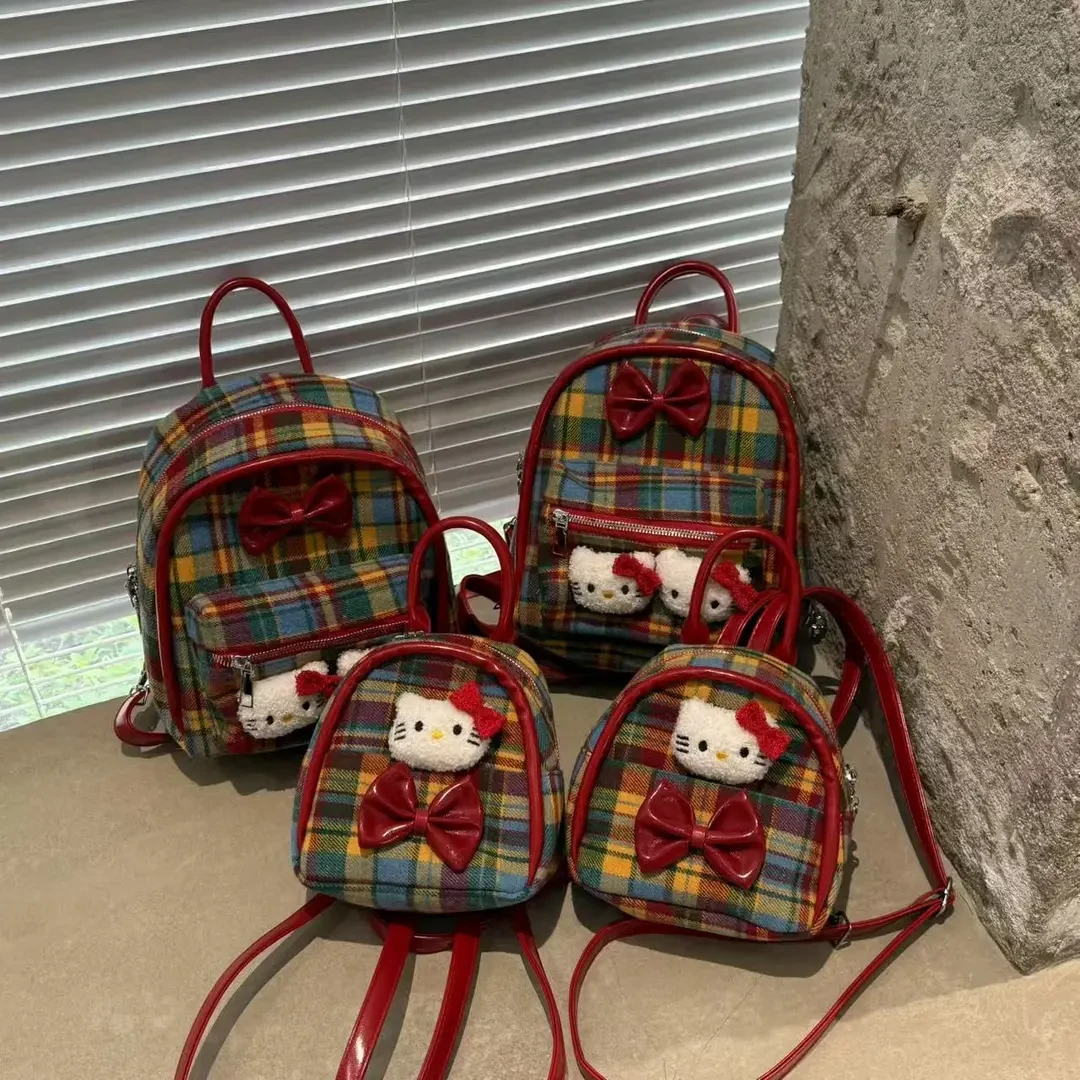 【来了】可爱彩色格纹kt猫双肩包包女2025新款小众帆布书包