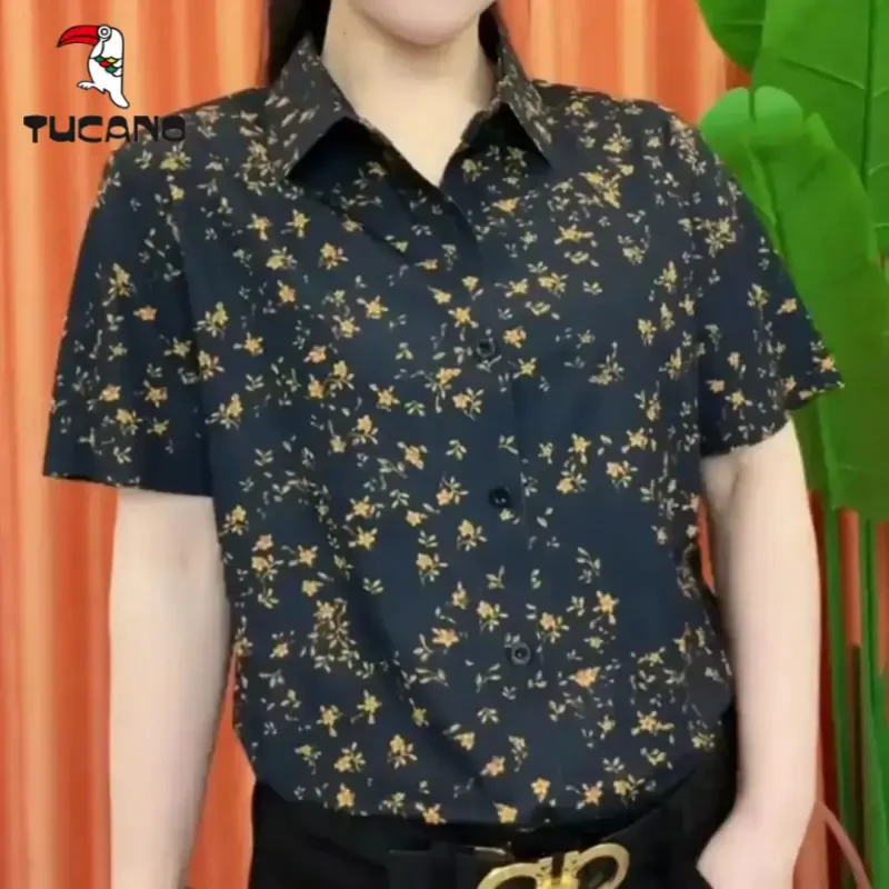 啄木鸟男女同款长袖衬衫春秋季新款休闲百搭宽松抗皱翻领碎花衬衣