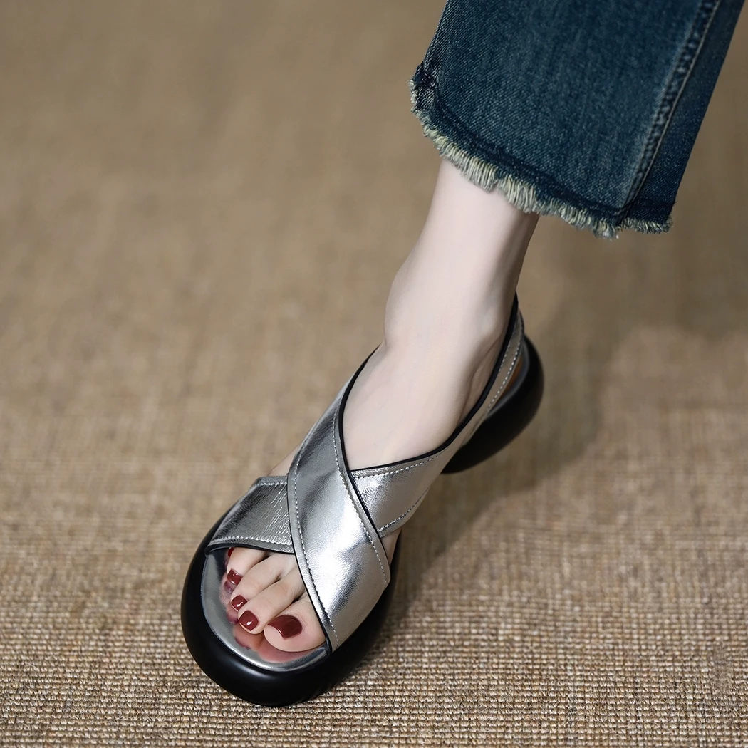 厚底罗马鞋女2025新款露趾羊皮松糕厚底百搭中跟交叉带凉鞋