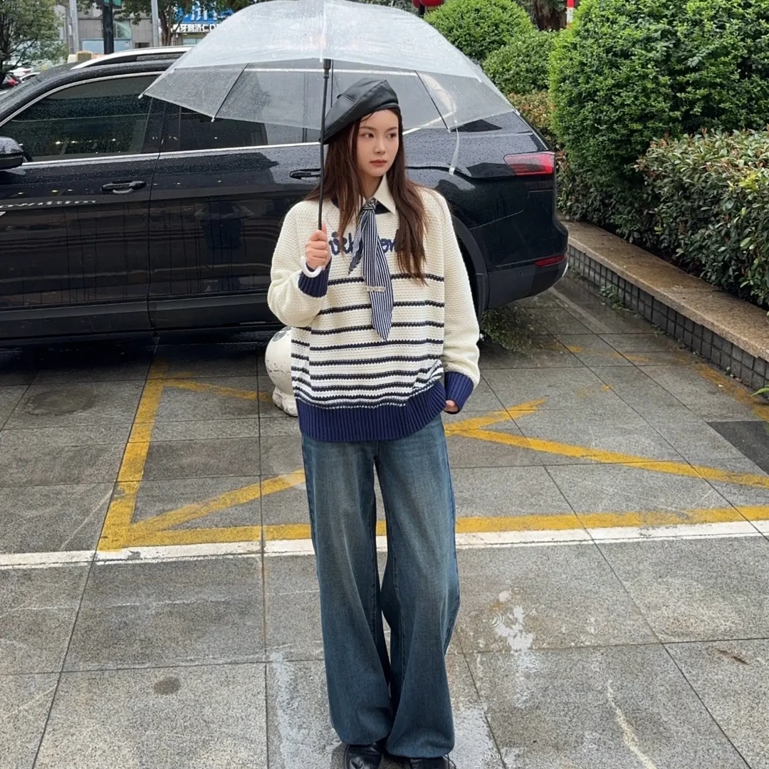 韩版条纹字母百搭长袖针织衫外穿毛针织衫针织