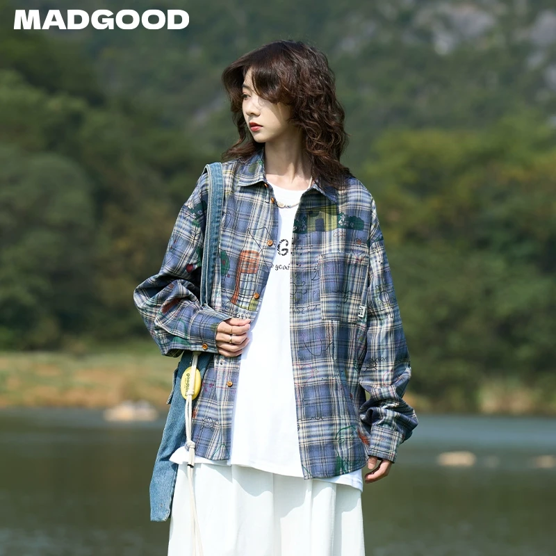 madgood马得工地日系基础趣味满印涂鸦色织格子衬衫MDGDCS251020