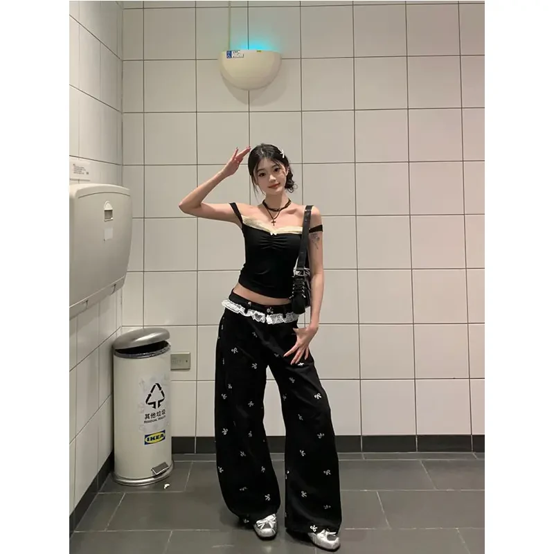 夏季一字肩蕾丝黑色吊带背心外穿辣妹无袖上衣休闲裤宽松阔腿裤子